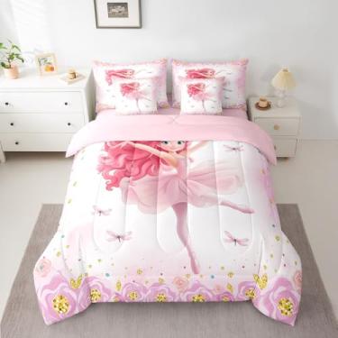 Imagem de Jogo de cama casal com estampa de flor de libélula rosa, princesa kawaii, bailarina kawaii, 7 peças, em uma bolsa com edredom, lençol de cima, lençol de cima e fronhas