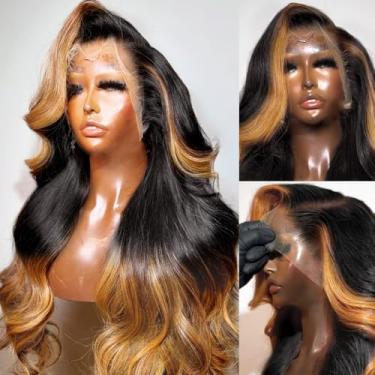 Imagem de Perucas frontais de 200% densidade, 33 x 15 cm, pré-arrancadas, onduladas corporais, HD, ombré, transparente, com cabelo de bebê, sem cola, 45 cm, peruca de cabelo humano loiro colorido para mulheres