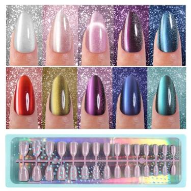 Imagem de Vansiho 300 peças de unhas de pressão de olho de gato, pontas de unhas brilhantes com glitter para mulheres, unhas postiças de gel macio de amêndoa média, para mulheres e meninas, pontas de unhas