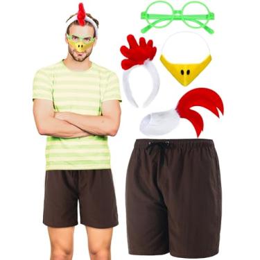 Imagem de Maiteenly 5 peças unissex de galinha, acessórios para fantasia de Halloween, óculos verdes, faixa de cabeça de pente, cauda de frango, máscara de nariz de bico e shorts amarelo-branco para festa de