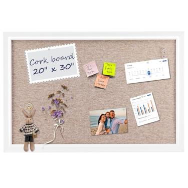 Imagem de VUSIGN Quadro de avisos de linho 76 cm x 50 cm, quadro de cortiça branca para paredes, quadro de pinos de tecido com 10 pinos transparentes, quadro de visão para escola, casa e escritório