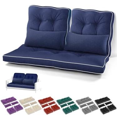 Imagem de Chunful Conjunto de 5 almofadas de banco para ambientes externos 111 x 48 cm Tufado à prova d'água almofada de assento para móveis de pátio com almofada de sofá de sofá quadrado de vime (azul marinho)