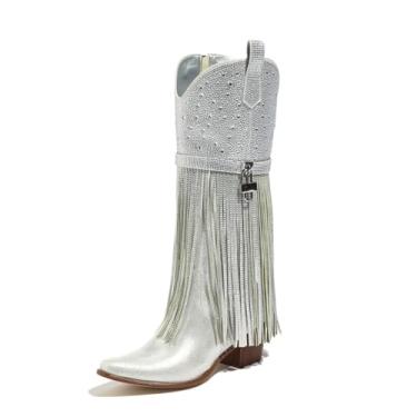Imagem de Tasteall Botas femininas de caubói com franjas, strass brilhante na parte superior com zíper lateral, salto grosso, bico fino, cano alto, botas ocidentais, Prata, 36