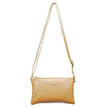 Imagem de Bolsa Feminina Pequena Transversal em Couro Legítimo Crossbody Alça Comprida Regulável 5 Compartimentos Madamix (Bege)