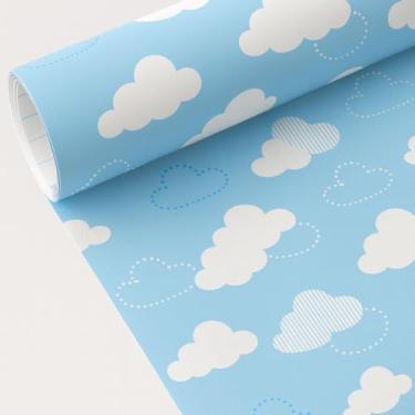 Imagem de Papel de Parede Infantil Nuvens, Azul e Branco, 5m x 45cm, Adesivo Decorativo para Quarto de Menino