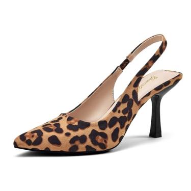 Imagem de GENSHUO Sandália feminina com salto gatinho e bico fino fechado stiletto com tira elástica para festa de casamento, Camurça leopar, 37