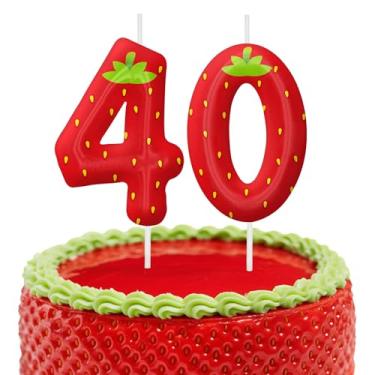 Imagem de Velas de aniversário de morango, decoração de topo de bolo de 6 cm, número 40 velas, decorações de aniversário, decorações de bolo de festa de aniversário, suprimentos de festa