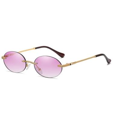 Imagem de Óculos de sol retrô oval sem aro masculino, azul, espelhado, dourado, metal, redondo, sem armação, feminino, UV400 (dourado, roxo)