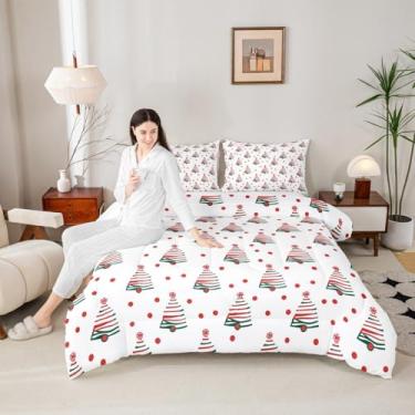 Imagem de Conjunto de cama king size de pinheiro, linhas geométricas, bolinhas, edredom moderno, simples, edredom de Natal, branco e vermelho, 2 fronhas