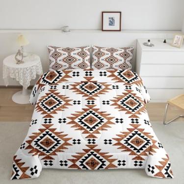 Imagem de Feelyou Conjunto de edredom boêmio, tamanho solteiro, sudoeste, nativo americano, geométrico, sudoeste, ocidental, conjunto de edredom para decoração de quarto, branco e marrom