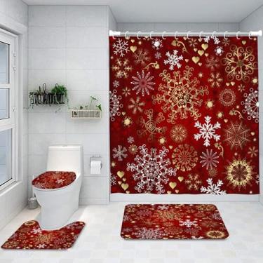Imagem de Ansouyi Conjunto de 4 peças de cortina de chuveiro de banheiro com tapetes antiderrapantes, capa de tampa de vaso sanitário e tapete de banho, flocos de neve dourados e brancos de Natal em vermelho