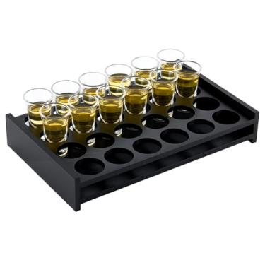 Imagem de peacoblue Conjunto de 24 bandejas de copos para copos para uísque, tequila, soju, bandeja organizadora de vidro rústico de madeira para festas, bares e entretenimento em casa
