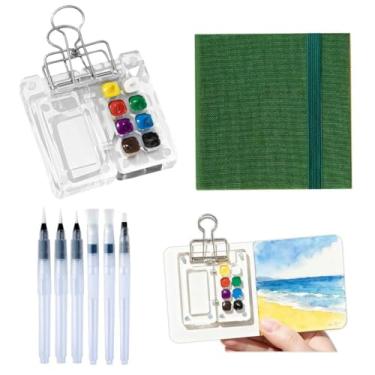 Imagem de Mini conjunto de tinta aquarela mini conjunto de viagem aquarela 6 cm 8 grade paleta de tinta acrílica transparente com clipes de fichário canetas pincel de esboço de papel para pintores artistas