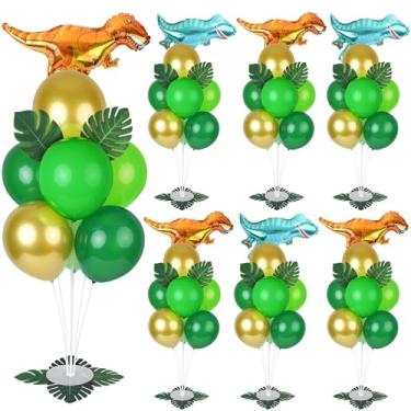 Imagem de 6 conjuntos de kit de suporte de balão para mesa de dinossauros centros de mesa de chá de bebê com balão Monstera decoração de chá de bebê para tema de dinossauro da selva revelar gênero revelar