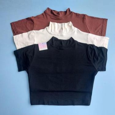 Imagem de Kit 3 Cropped Feminino Manga Curta Viscolycra Gola Alta Confortável - 