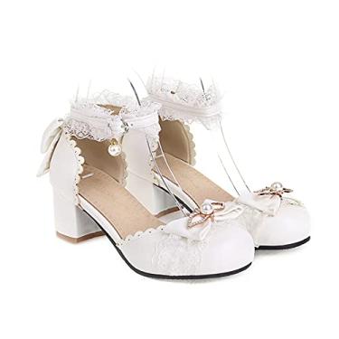 Imagem de Bigfanshu Sandálias femininas de salto alto primavera e verão 2021 produtos moda salto médio tamanho 30-43 fivela arco oco sandália feminina, Branco, 40 BR