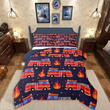 Imagem de Erosebridal Conjunto de edredom solteiro com desenho animado de bombeiros vermelhos, para decoração de quarto de crianças, adolescentes e homens, edredom azul escuro, edredom de bolinhas com 1 fronha