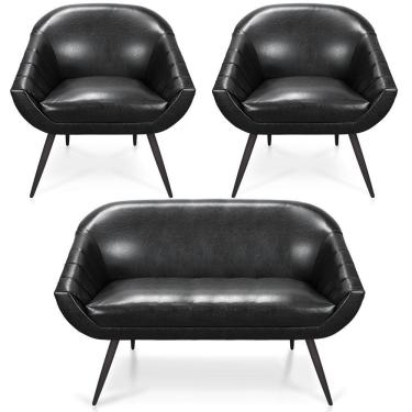 Imagem de Kit 01 Namoradeira 02 Lugares E 02 Poltronas Giovana Corano Preto Pés Palito De Ferro