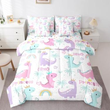 Imagem de Erosebridal Jogo de cama solteiro com estampa de dinossauros fofos, 7 peças, com estampa kawaii, princesa, arco-íris, para meninas, rosa, roxo e azul
