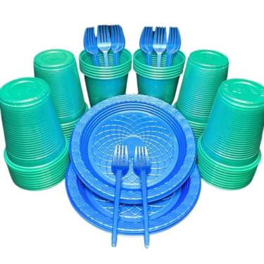 Imagem de Kit 300 Itens Festa Aniversário Descartáveis Plástico Colorido Perolado 100 Pessoas Completo Pratinho Garfinhos Copos (Verde Azul Perolado)