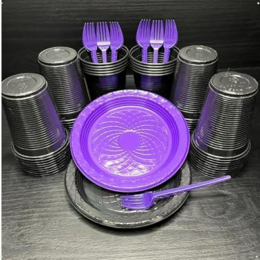 Imagem de Kit 300 Itens Festa Aniversário Descartáveis Plástico Colorido Perolado 100 Pessoas Completo Pratinho Garfinhos Copos (Roxo Preto)