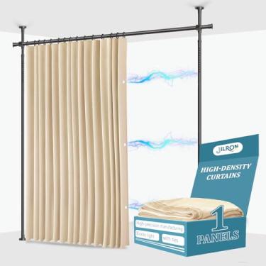 Imagem de JILRON Divisor sem perfuração para conjunto de separação de ambiente: Inclui cortina bege de 269 cm L x 243 cm C e suportes ajustáveis de mastro (89-254 cm L x 109-304 cm A faixa ajustável)