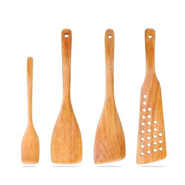 Imagem de Svailse Espátula de madeira para cozinhar, conjunto de espátulas planas de cabo longo, mini espátulas wok para virar, raspar, girar, ovo, peixe e hambúrguer (madeira nativa, 4 peças)