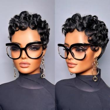 Imagem de Flandi Peruca Pixie Cut, Cabelo Humano, Perucas Curtas Para Mulheres Negras, Sem Cola, Pré-Depilada, Cacheada Com Franja, Uso Diário, Cor 1B