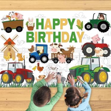 Imagem de Wauprant Pôster de colorir de aniversário de trator agrícola para crianças grande toalha de mesa para colorir animais de fazenda folhas de colorir tamanho parede artesanato para sala de aula casa