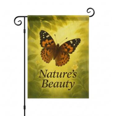 Imagem de FLAGMEUP8386 Bandeira de jardim borboleta 30,5 x 45,7 cm com folhas brilhantes e monarca, faixa dupla face de poliéster com citação "Nature's Beauty", decoração de jardim sazonal para outono ao ar