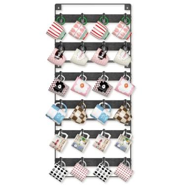 Imagem de EsLuker.ly Suporte para canecas, suporte de parede, de madeira, 3 unidades, organizador de copos de café, prateleira de exibição com 24 ganchos de plástico removíveis, ideal para colecionadores de
