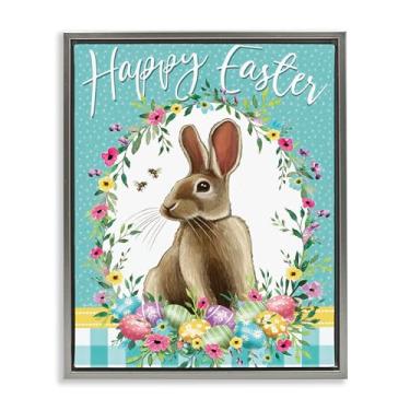 Imagem de Stupell Industries Arte de parede em tela flutuante com moldura dourada Happy Easter Bunny Wreath, design de Elizabeth Tyndall, 53 x 43 cm