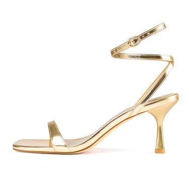 Imagem de MIRAAZZURRA Sandálias de salto gatinho, bico quadrado, tiras abertas, cadarço, salto médio, tira no tornozelo para festa de casamento diária, Dourado, 35