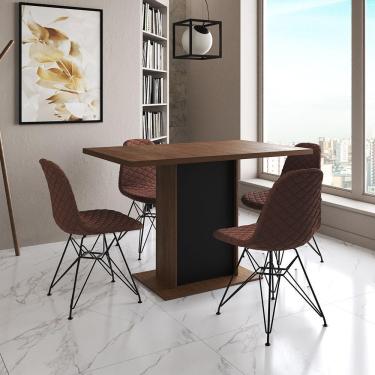 Imagem de Mesa Jantar Londres Tampo Amêndoa 120Cm Base Preta 4 Cadeiras Ferro Preto Estofado Caramelo