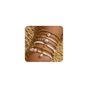 Imagem de Conjunto de 7 pulseiras elásticas de pérolas douradas para mulheres, pulseira vintage boêmia barroca com contas de pérolas, berloque, acessórios de joias de aniversário, presente, Large, Liga de aço