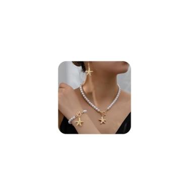Imagem de BOOZIQ Conjunto de colar com pingente de estrela-do-mar dourado para mulheres, brincos e pulseira de pérolas barrocas, verão, oceano, praia, sereias, joias para mulheres, Choker Length, Liga de aço