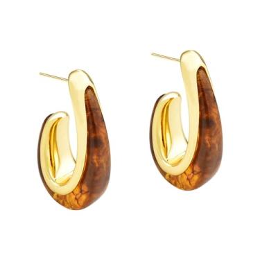 Imagem de Brincos de argola grossa em forma de gota de resina delicada para mulheres banhado a ouro 18 quilates de aço inoxidável acrílico imitação âmbar gota d'água aberta enorme grosso brincos pequenos