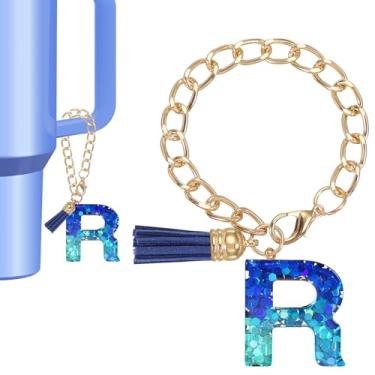 Imagem de Berloque de letras para copo Stanley, lindo pingente inicial R acessórios para chaveiro Stanley Tumbler Handle chaveiro personalizado para mulheres, azul