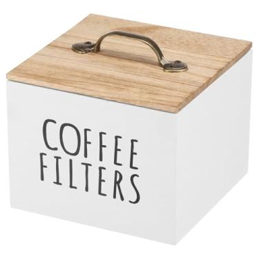 Imagem de Suporte de filtro de café, recipiente de armazenamento de filtro de café de grande capacidade com tampa de bambu, recipiente de armazenamento rústico e cesta de dispensador para decoração de cafeteria