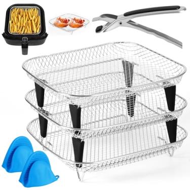 Imagem de Rack de fritadeira a ar, pacote com 3 unidades empilháveis de aço inoxidável, desidratador, com 8 peças de cobertura para os pés, serve para acessórios de fritadeira a ar de 4,2 a 5,8 litros