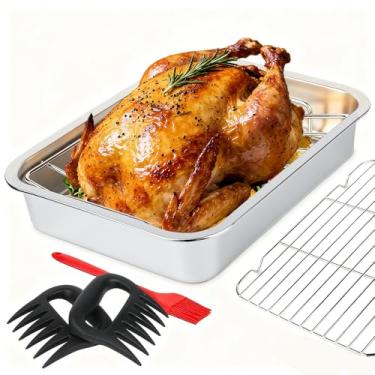 Imagem de Dallden Assadeira de aço inoxidável de 15,5 polegadas com rack em V e rack de resfriamento, assadeira de peru pesada para lasanha e máquina de lavar louça, adequada para 9 kg, frango e legumes