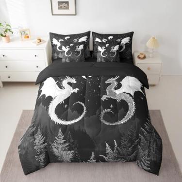 Imagem de Jogo de cama King com dragão preto e branco, estilo Yin Yang japonês, para crianças, meninos e meninas, céu estrelado (1 edredom, 1 lençol com elástico, 1 lençol de cima, 2 fronhas, 2 fronhas