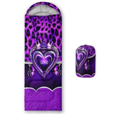 Imagem de QOOMO Sacos de dormir impermeáveis com estampa de leopardo roxo para adultos e crianças, sacos de dormir impressos para acampamento, viagens e ao ar livre, equipamentos de acampamento, 78,7 x 228,6 cm