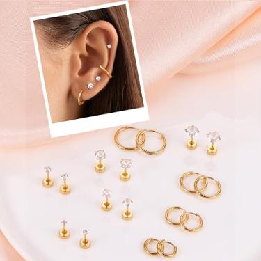 Imagem de Conjunto de brincos de ouro para piercing múltiplo banhado a ouro 14 K, pequenos brincos de argola para mulheres, brincos femininos de cartilagem, standard, Aço inoxidável, Sem pedra preciosa
