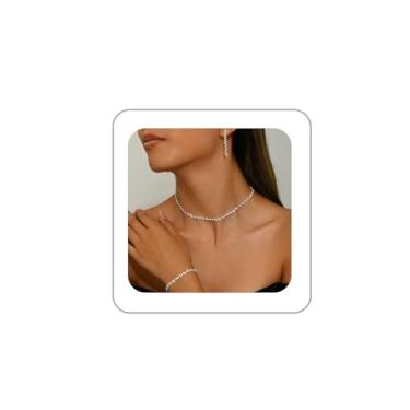 Imagem de BOOZIQ Conjunto de joias de casamento de prata para mulheres, colar de strass, pulseira, brincos pendurados, para noiva, dama de honra, cristal, formatura, acessórios de bijuteria, Choker Length