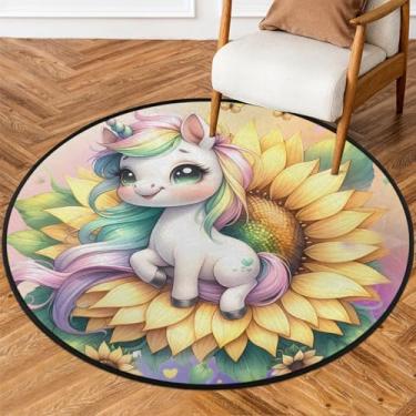Imagem de Tapete redondo de 1,5 m de flor, unicórnio, girassóis, tapetes de área de círculo macio, antiderrapante, lavável, tapete circular para quarto, berçário, sala de estar, cozinha, banheiro, entrada