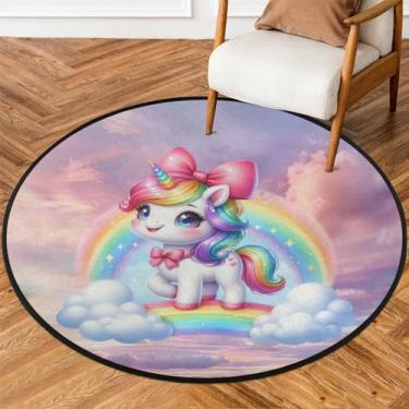 Imagem de Tapete redondo de 1,5 m céu unicórnio fofo macio tapete circular antiderrapante lavável tapete de porta para interior quarto berçário sala de estar cozinha banheiro entrada casa tapete decoração
