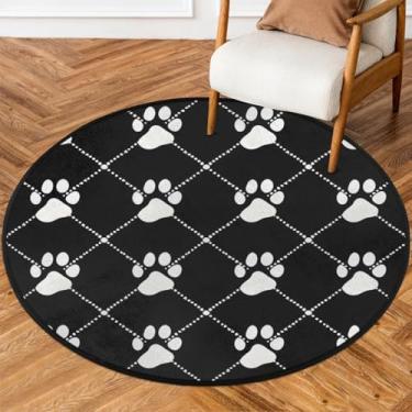Imagem de Tapete redondo, branco, preto, pata de cachorro, macio, antiderrapante, lavável, tapete circular para quarto, berçário, sala de estar, cozinha, banheiro, entrada, decoração de casa