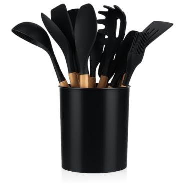 Imagem de Conjunto de Utensílios de Cozinha de Silicone, Preto com Cabos de Madeira, Inclui Suporte