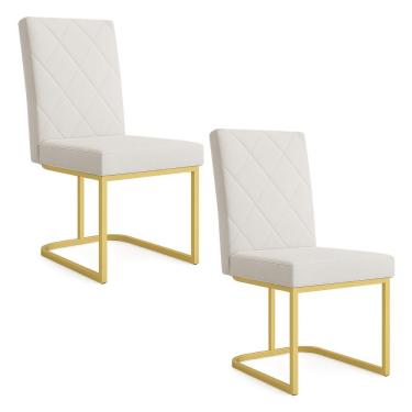 Imagem de Kit 02 Cadeiras De Jantar Estofada Siena Linho Bege Base De Ferro Dourada - Pallazio